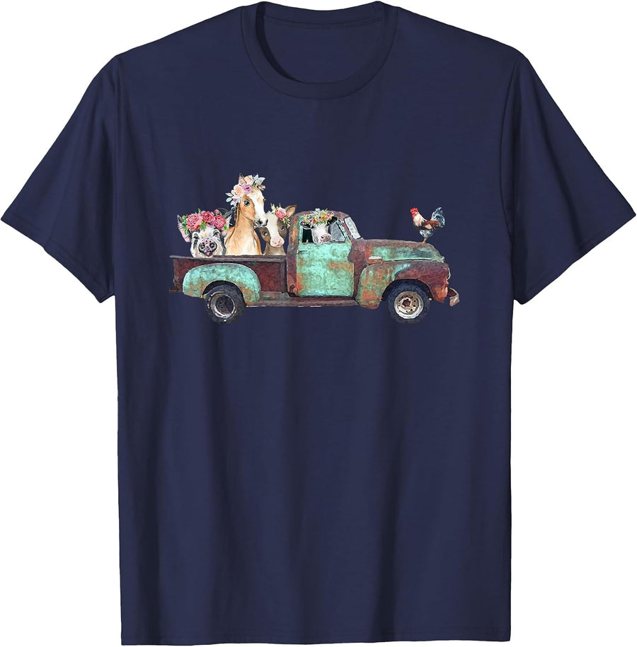 Farm Pickup Truck with Farm Animals Farming T-Shirt - Navy Blue