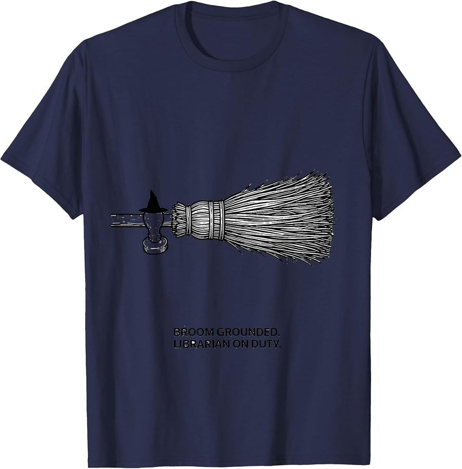 Broom Grounded Librarian On Duty Funny Halloween Occupation T-Shirt - Navy Blue