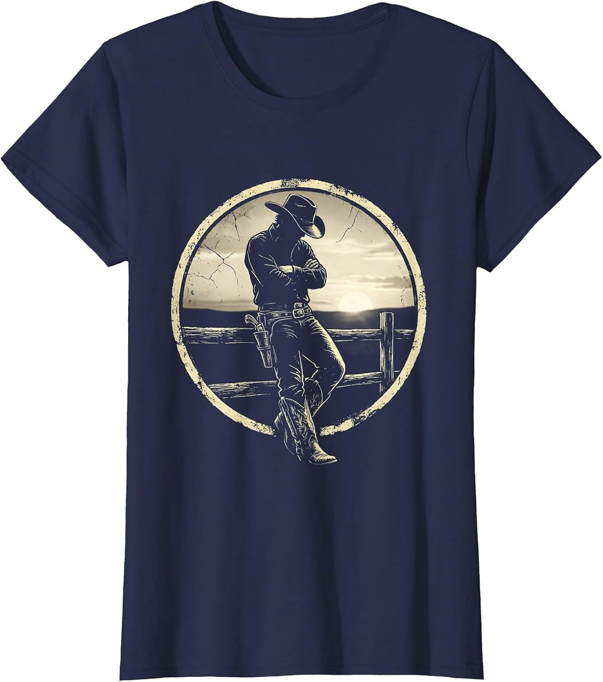 Women's Cowboy at Dusk Leaning on Fence Illustration T-Shirt - Navy Blue