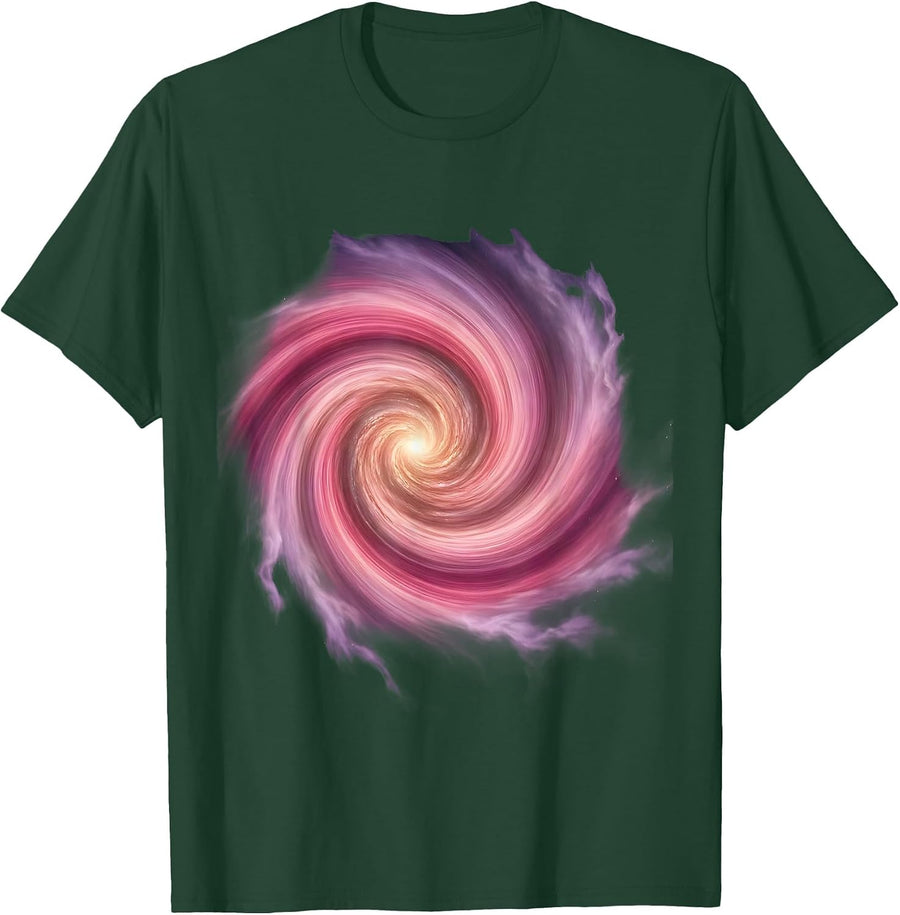 Men's Pink Spiral Galaxy Swirling Stardust Cloud Design T-Shirt - Dark Green