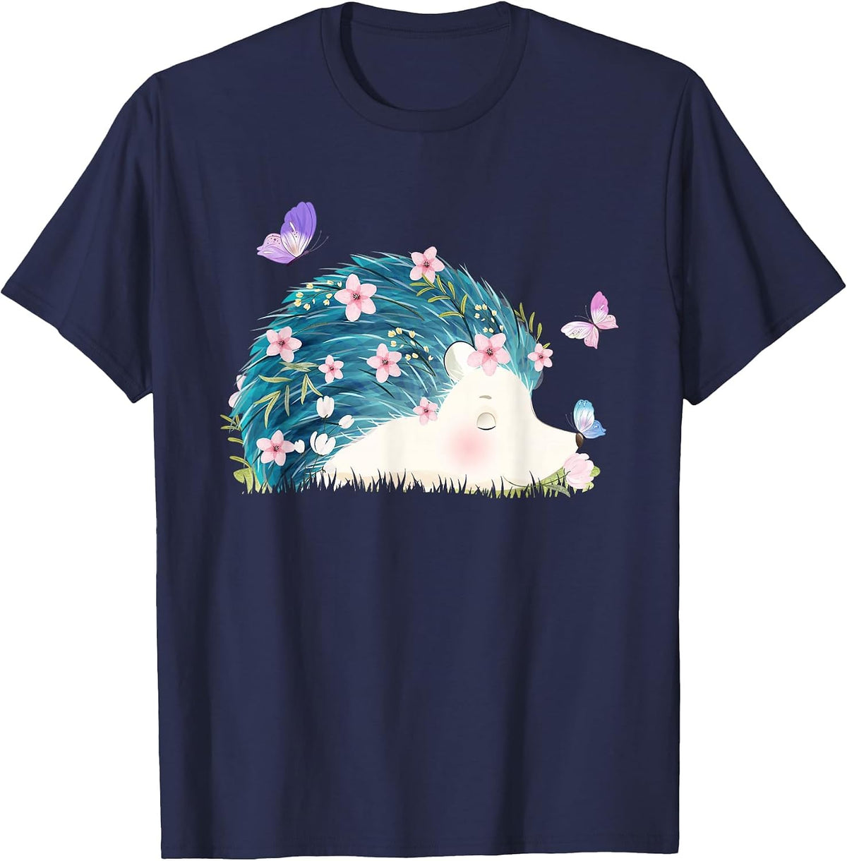 Hedgehog - Flowers Butterflies Nature Porcupine Lover T-Shirt - Navy Blue