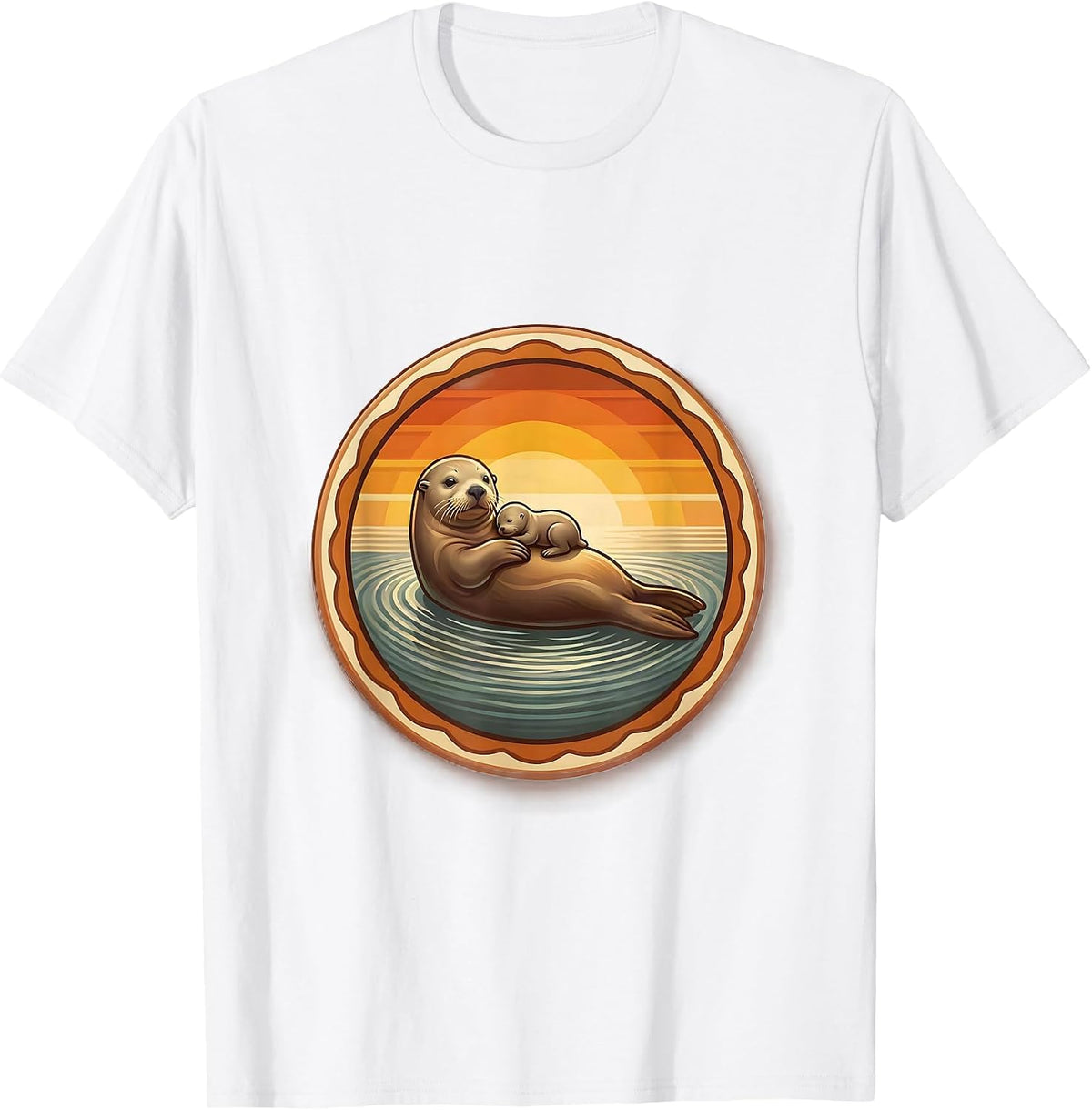 Mama Sea Otter Floating With Pup Graphic T-Shirt - White