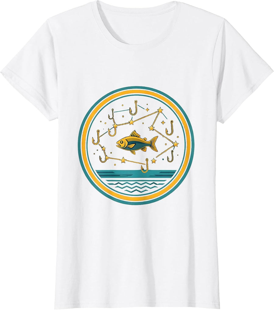 Women's Boys Fishing Fish Hook Constellation Graphic Tee T-Shirt - White