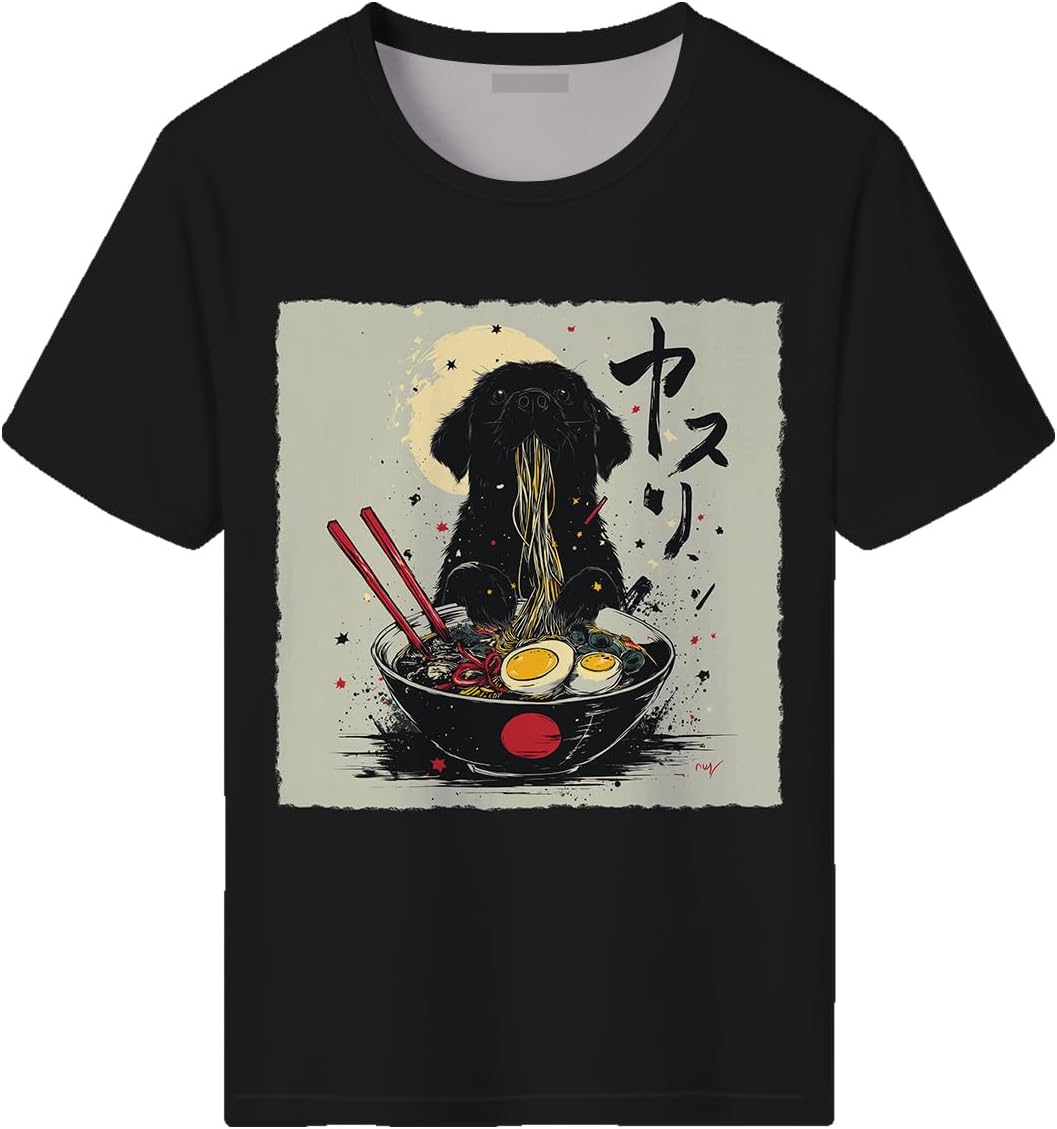 Men's Funny Dog Ramen Graphic T-Shirts Japanese Kawaii Anime Dog T-Shirt Casual Summer Tees - Black4