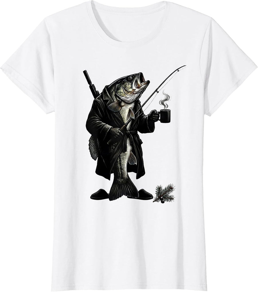Women's Largemouth Bass Silhouette Merry Fishmas Christmas Fishing T-Shirt - White