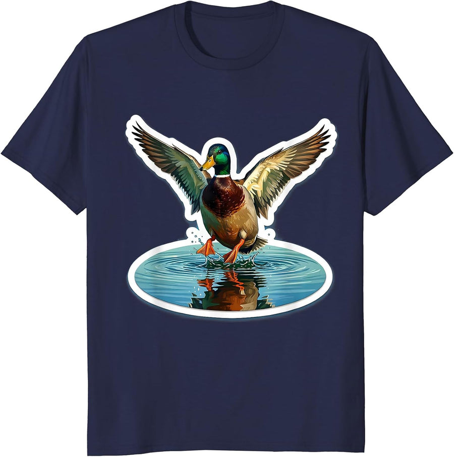 Mallard Duck Landing on Glassy Lake Illustration T-Shirt - Navy Blue