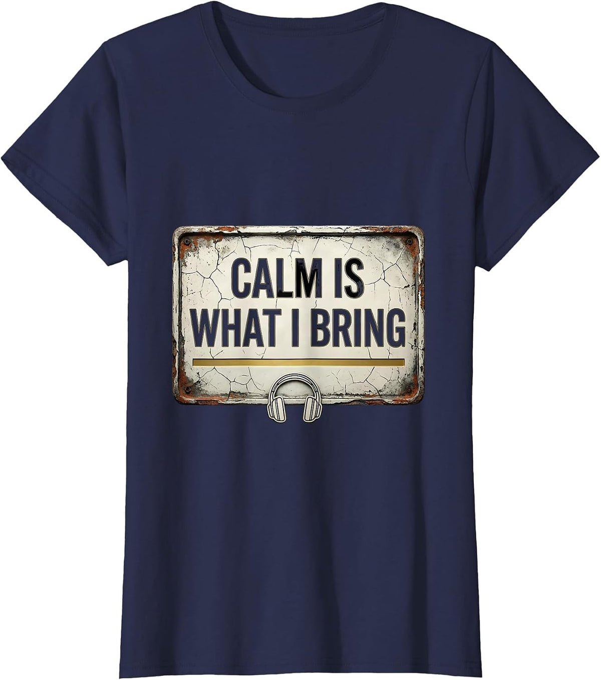 Women's Calm Is What I Bring Distressed 911 Dispatcher Thin Gold T-Shirt - Navy Blue