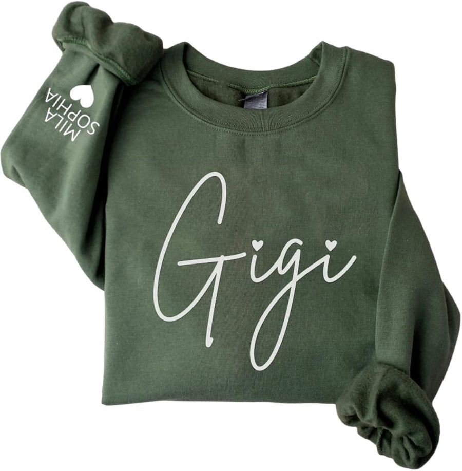 Custom Grandma Gigi Mama Auntie Sweatshirt with Kids Name on Sleeve, Chirstmas Gifts for Grandma, Gigi Sweatshirt - A1