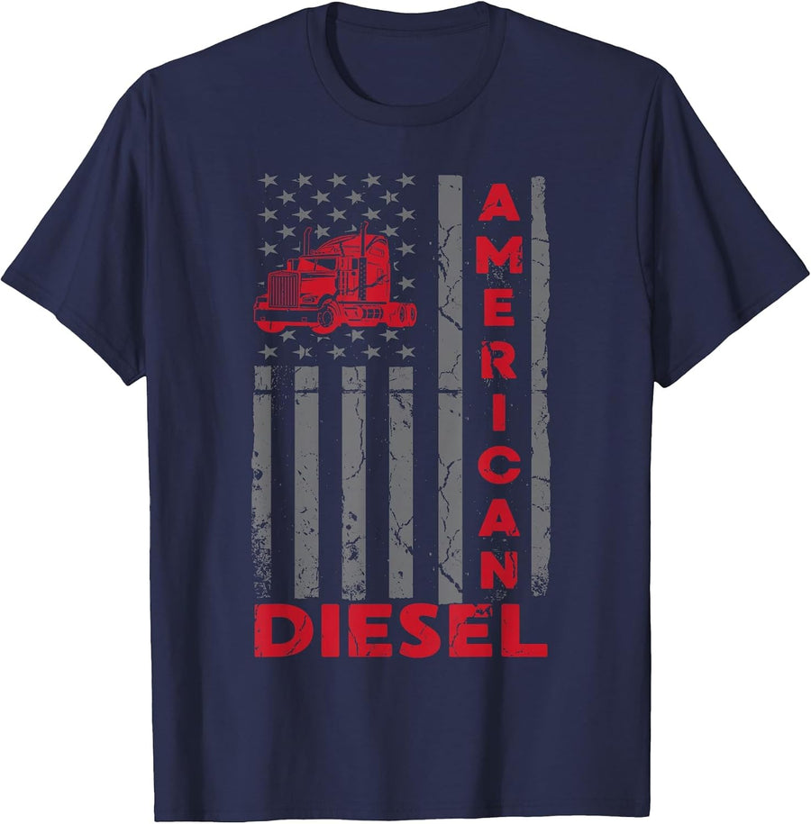 American Diesel Patriotic Flag Trucking Life USA Truck Fan T-Shirt - Navy Blue