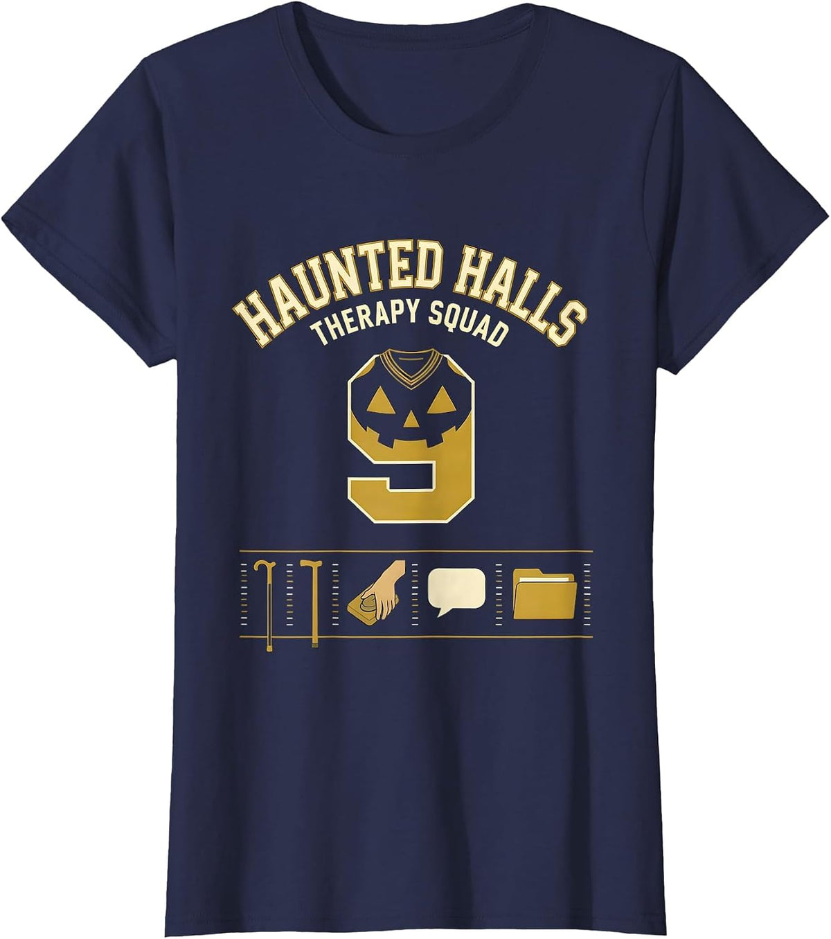 Women's Haunted Halls Therapy Squad Physical Therapy Halloween PT T-Shirt - Navy Blue