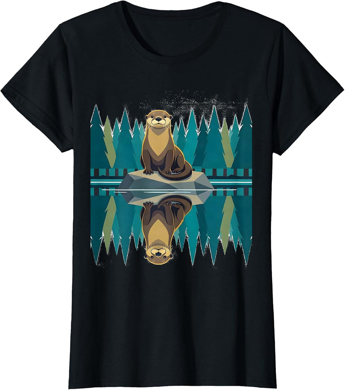 Women's Otter Lake Reflection Forest Nature Wildlife T-Shirt - Black