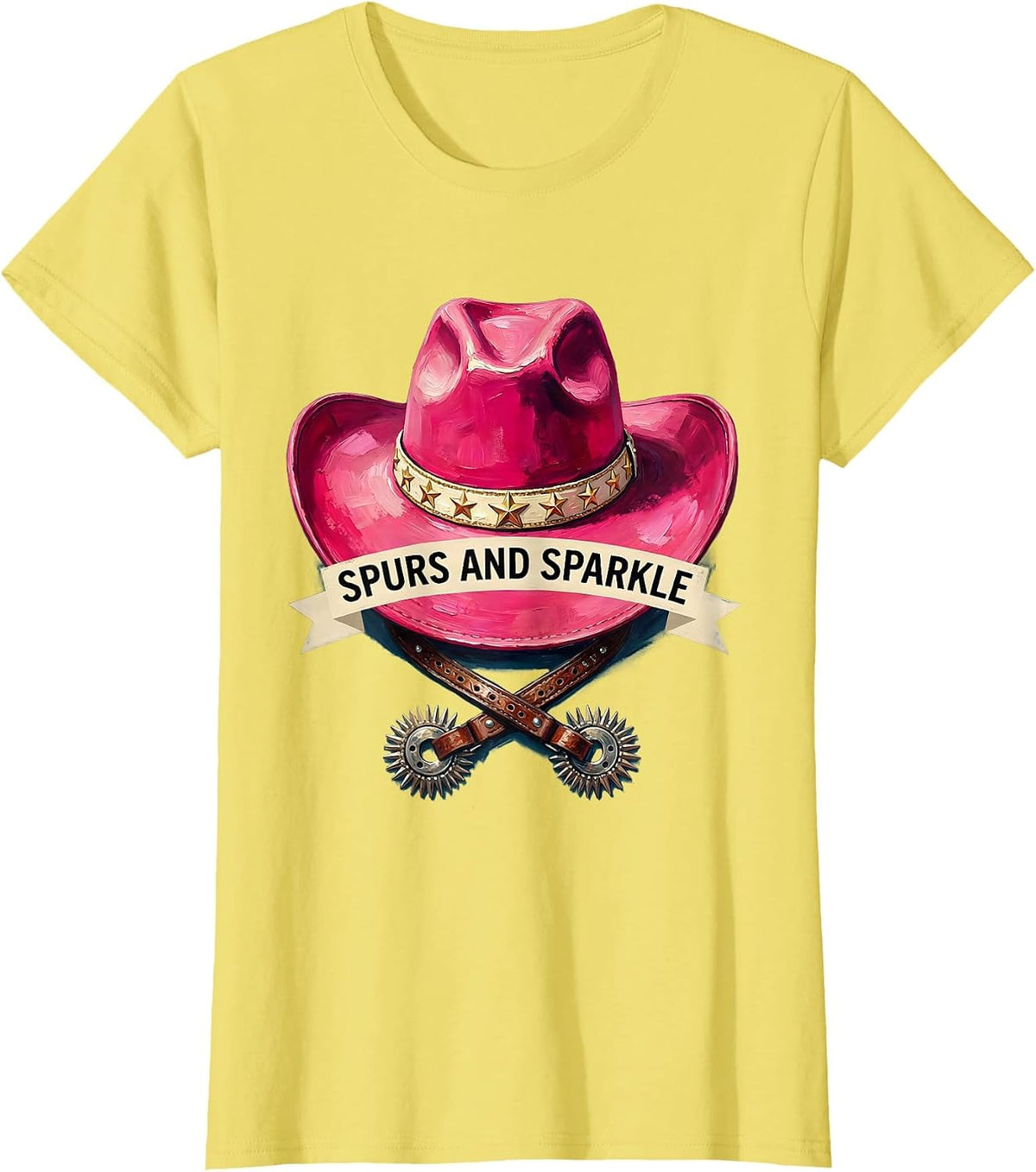 Women's Spurs and Sparkle Pink Cowgirl Design T-Shirt - Lemon Yellow