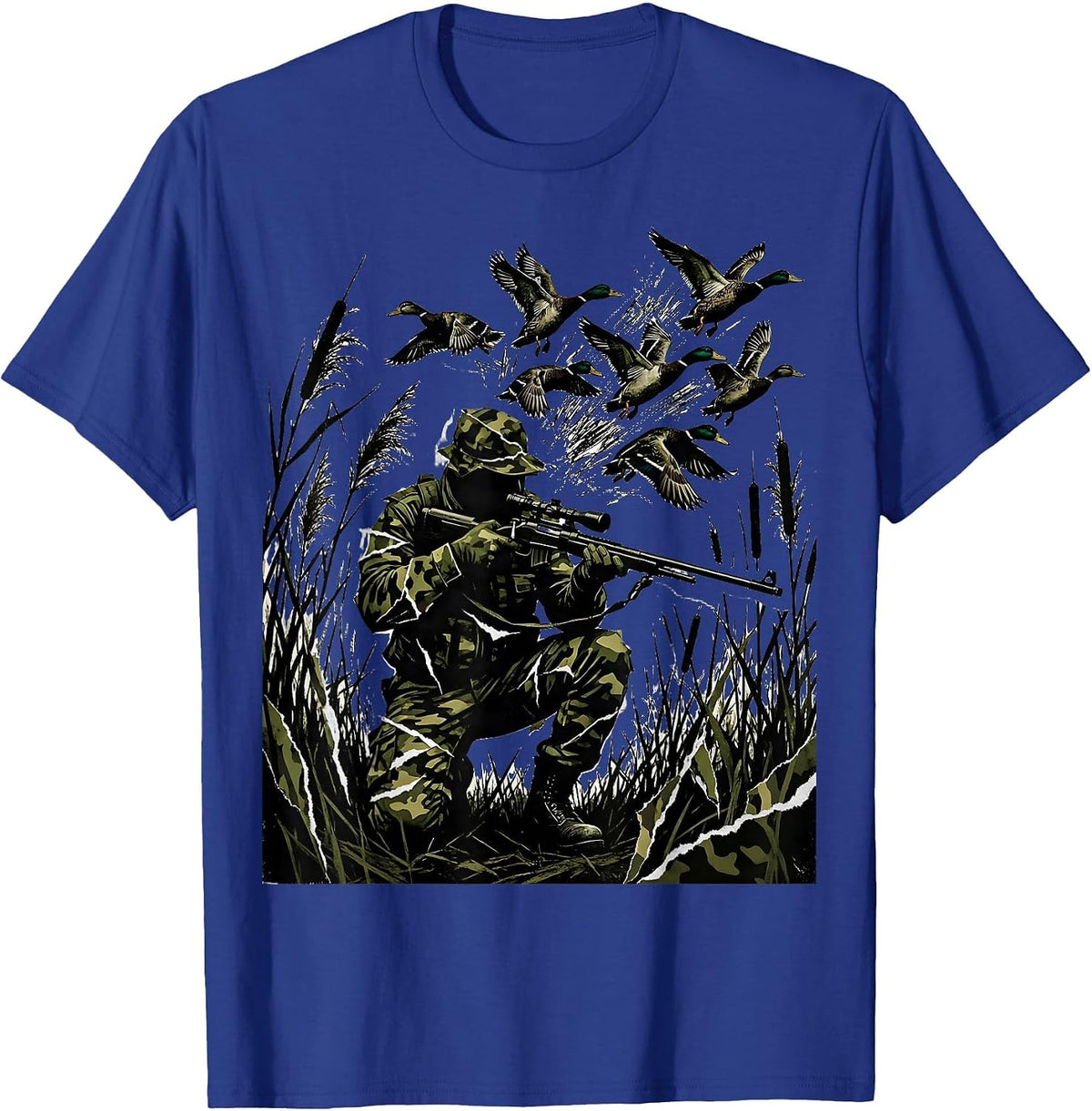 Camo Duck Hunter in the Reeds Illustration T-Shirt - Royal Blue