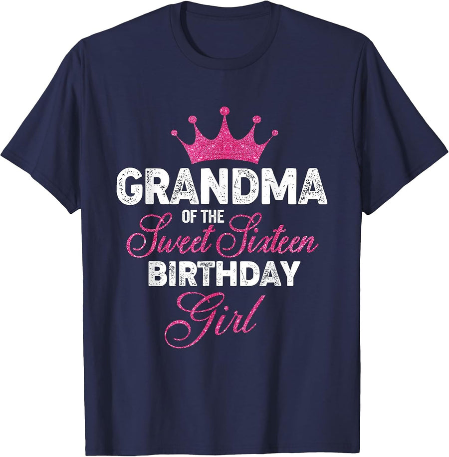 Grandma of the Sweet Sixteen Birthday Girl 16th Pink Crown T-Shirt - Navy Blue