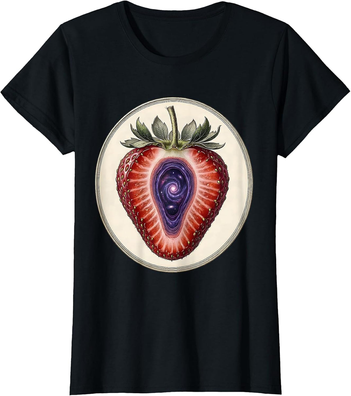 Women's Cosmic Strawberry Galaxy Slice Illustration T-Shirt - Black