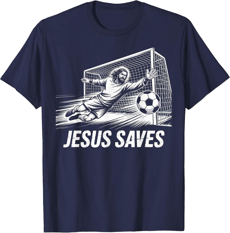 Soccer Goalie Goalkeeper Jesus Saves Christian Soccer Player T-Shirt - Navy Blue