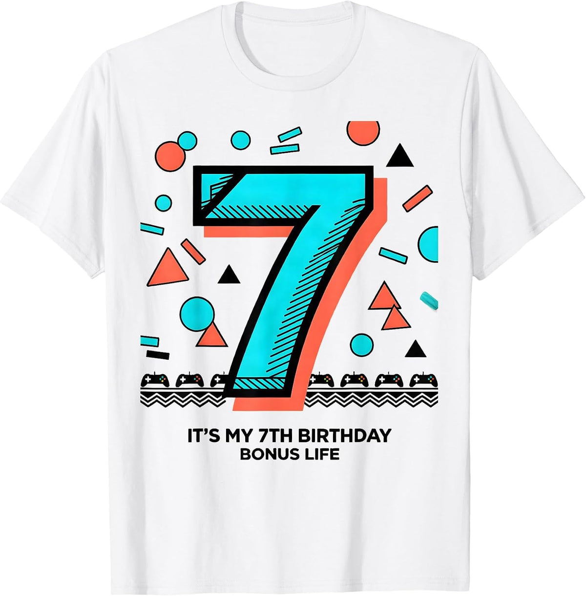 Men's It's My 7th Birthday Bonus Life Memphis Postmodern Gamer T-Shirt - White