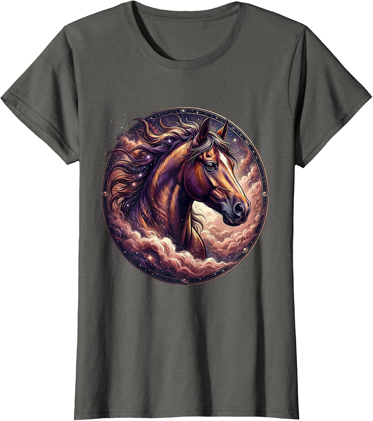 Women's Horse Head Cosmic Galaxy Nebula Illustration T-Shirt - Asphalt Grey