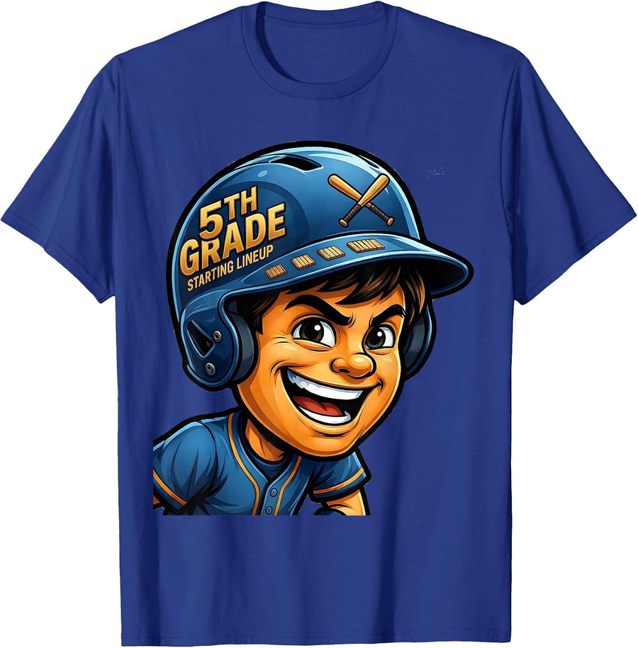 5th Grade Starting Lineup Cartoon Baseball Boy Mascot Back T-Shirt - Royal Blue
