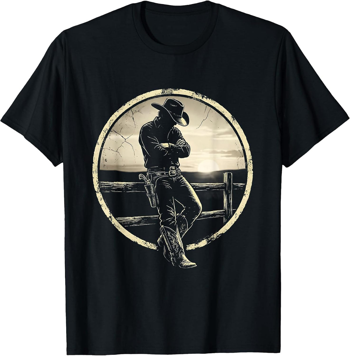 Men's Cowboy at Dusk Leaning on Fence Illustration T-Shirt - Black