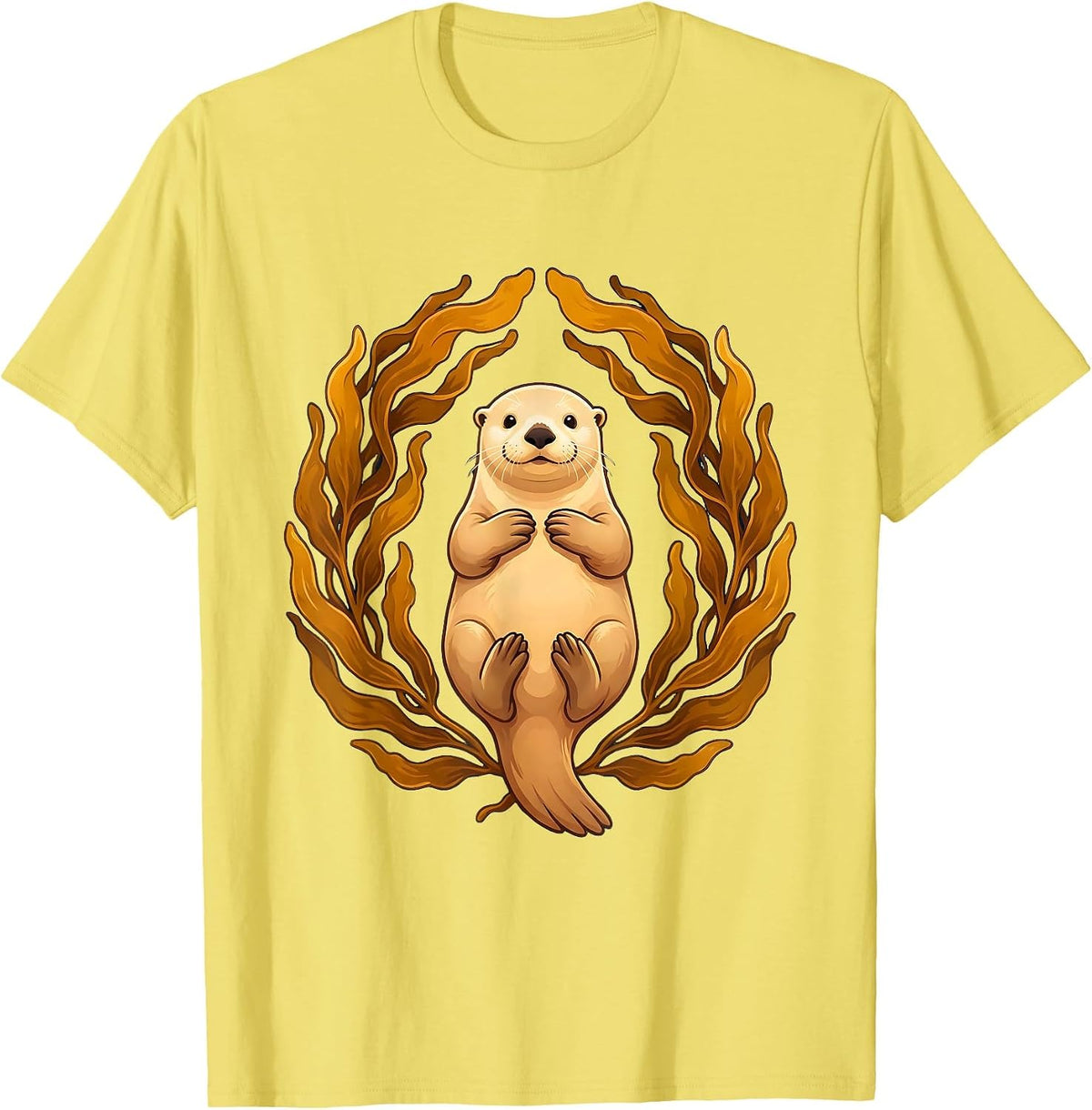 Men's Sea Otter Floating in Kelp Illustration T-Shirt - Lemon Yellow