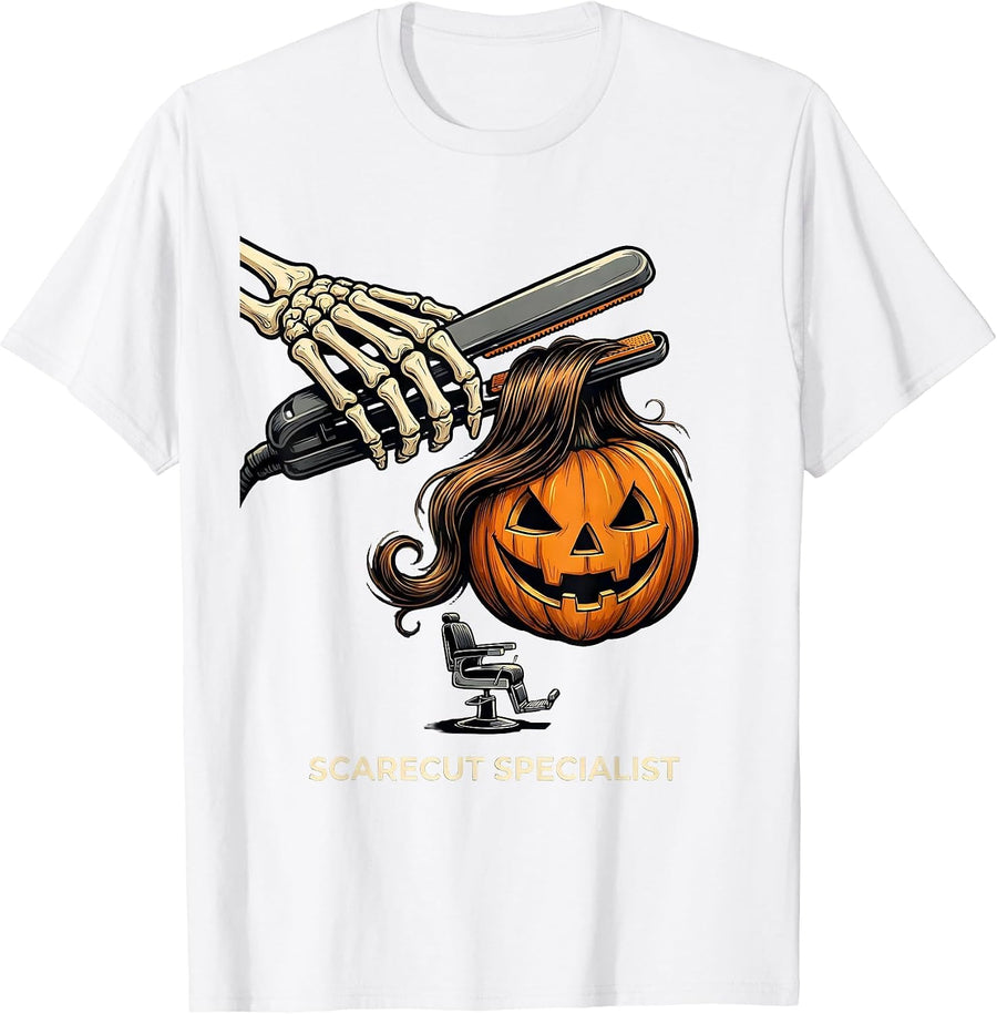 Men's Scarecut Specialist Funny Skeleton Hairstylist Halloween T-Shirt - White