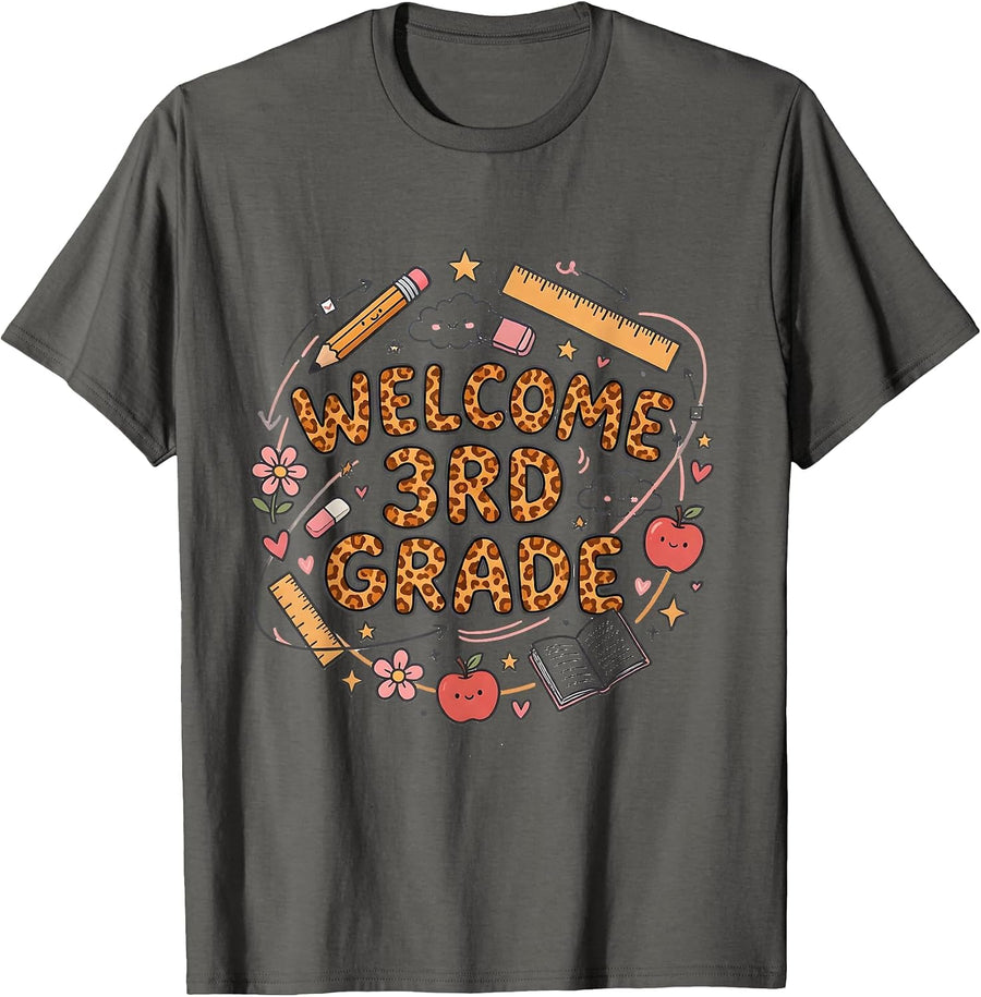 Welcome 3rd Grade Leopard Print Teacher Back To School Girls T-Shirt - Asphalt Grey