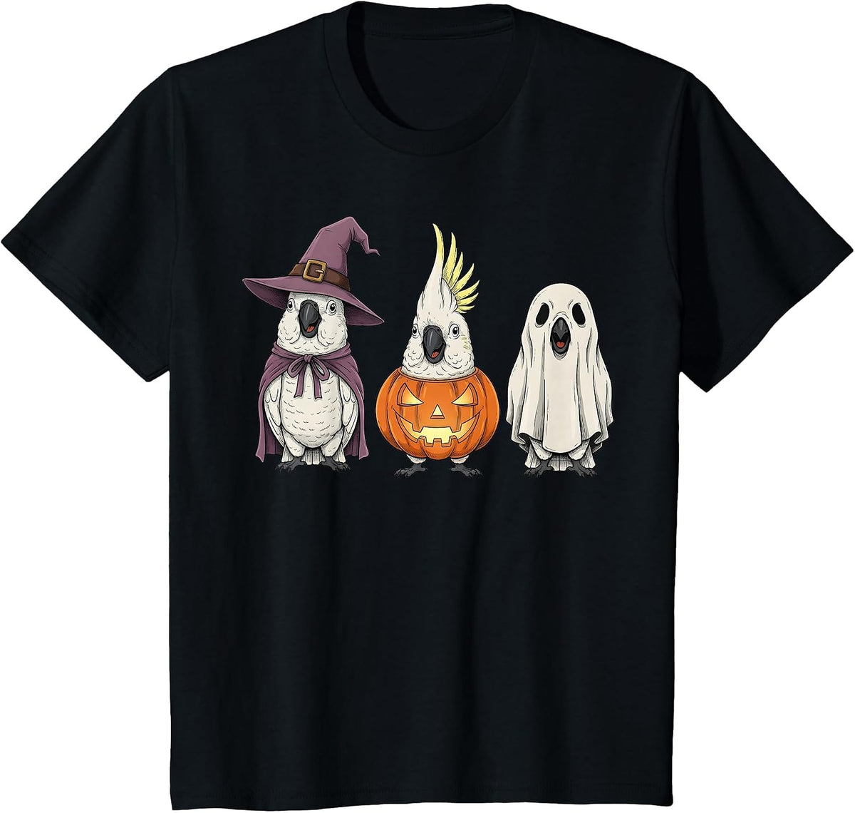 Spooky Ghost White Cockatoo Parrot Lover Pumpkin Halloween T-Shirt - Black