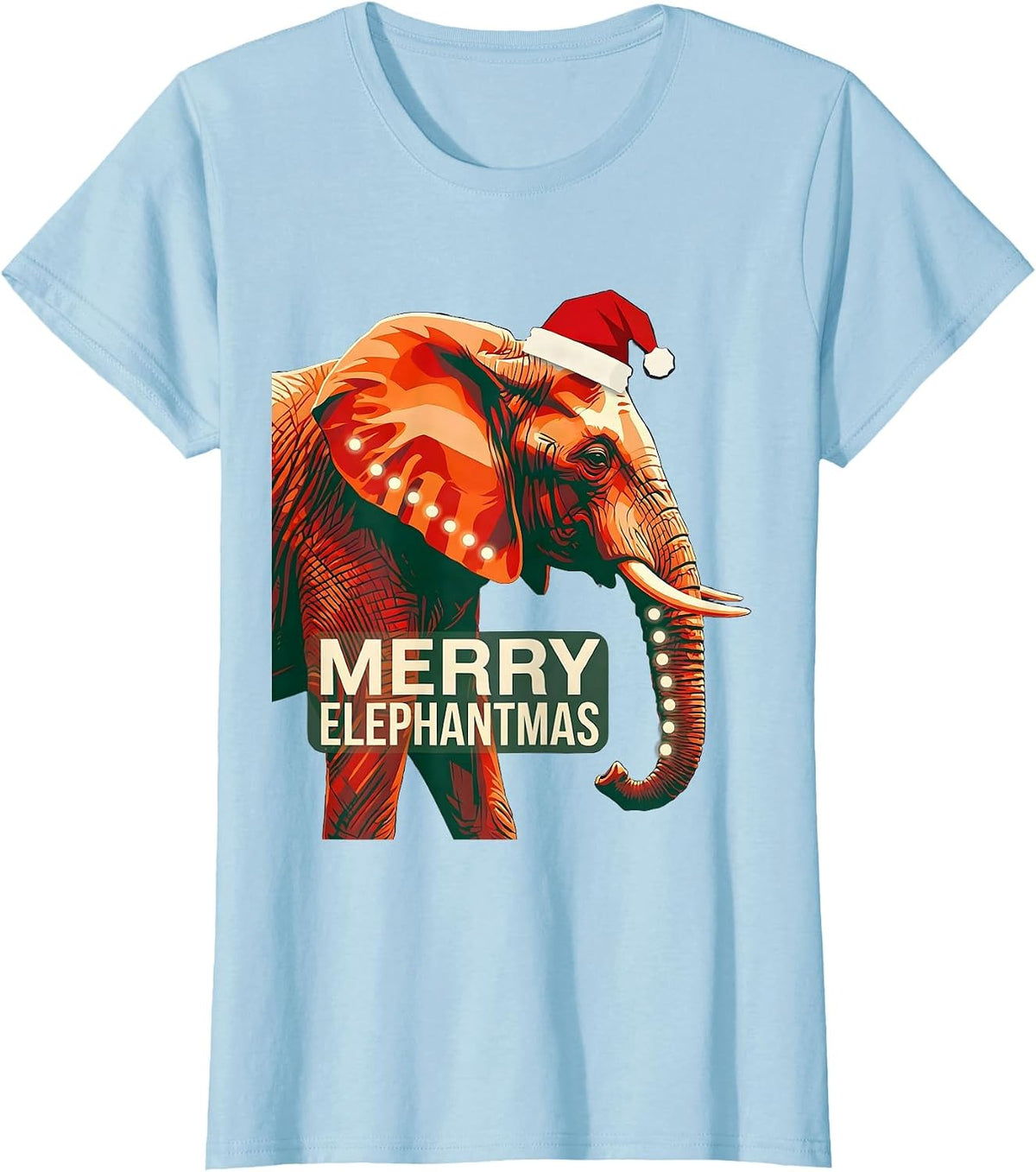 Women's Merry Elephantmas Screenprint Poster Whimsical Animal Lover T-Shirt - Baby Blue