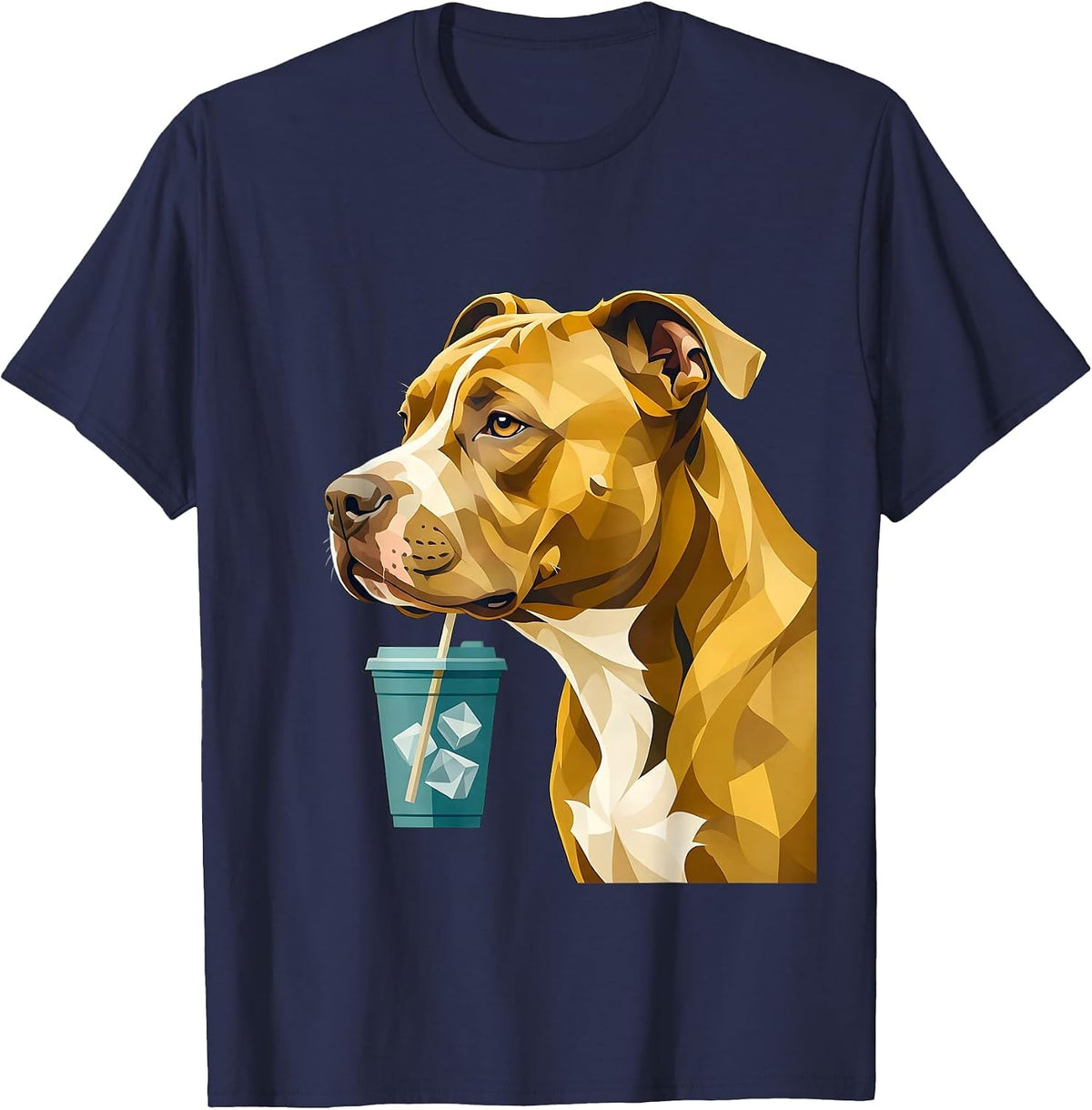 Pitbull Drinking Iced Coffee Midcentury Modern Humor T-Shirt - Navy Blue