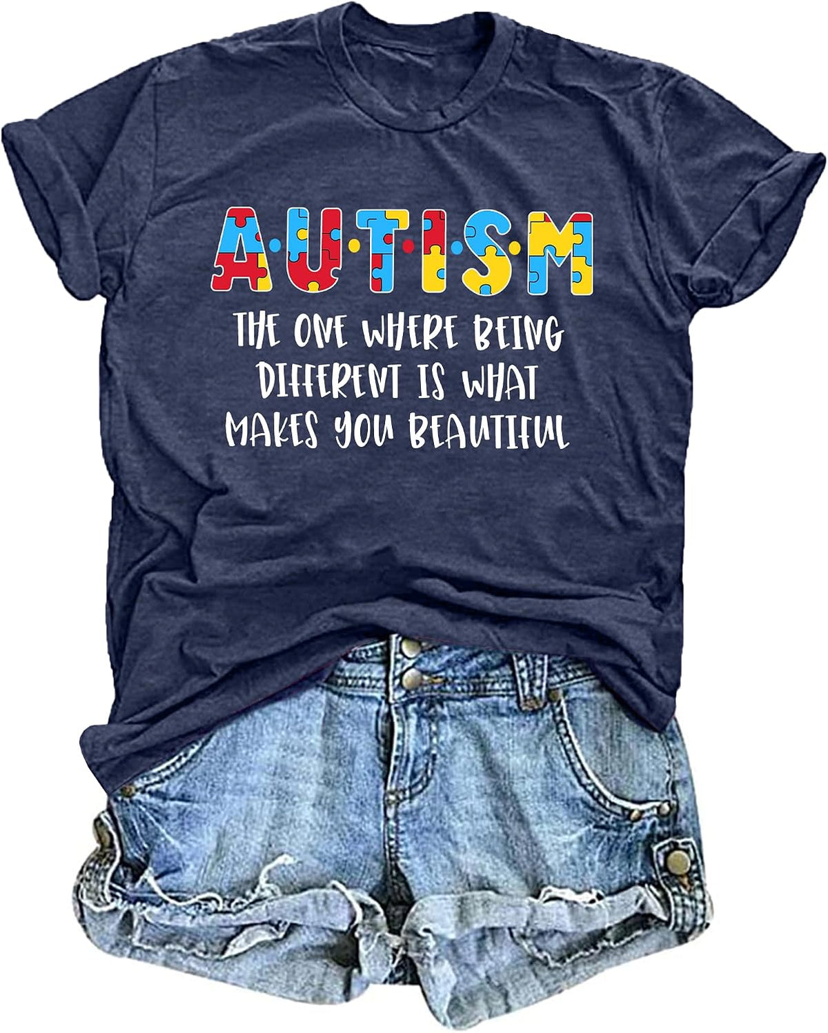 Autism Awareness Shirts Women Autism T Shirt Autistic Acceptance Tee Casual Inspirational Tops - Darkblue