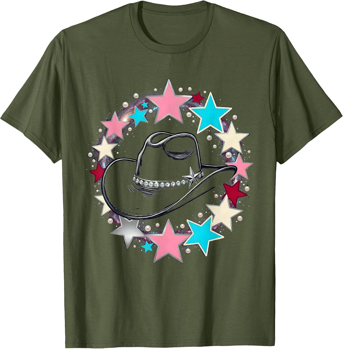 Cowgirl Hat Starry Galaxy Sky Illustration T-Shirt - Olive Green