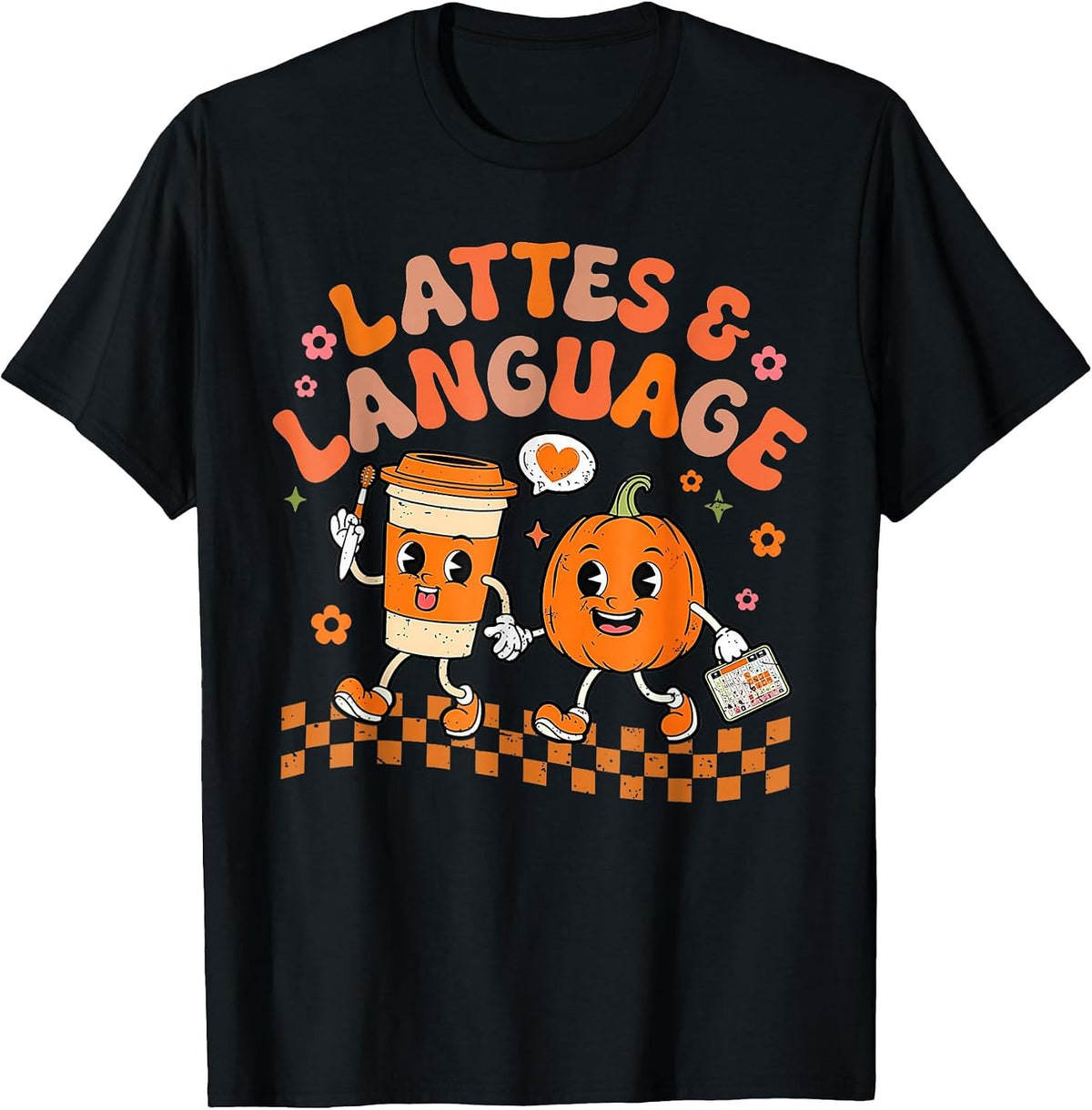 Groovy Speech Therapy Autumn Pumpkin Lattes Tee and Language T-Shirt - Black