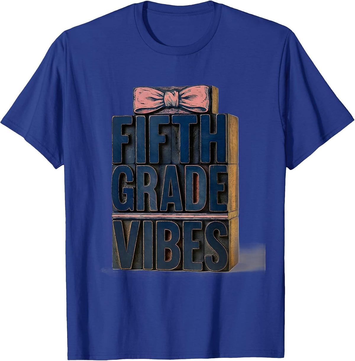 Men's Fifth Grade Vibes Wood Type Letterpress Bow Back To School T-Shirt - Royal Blue