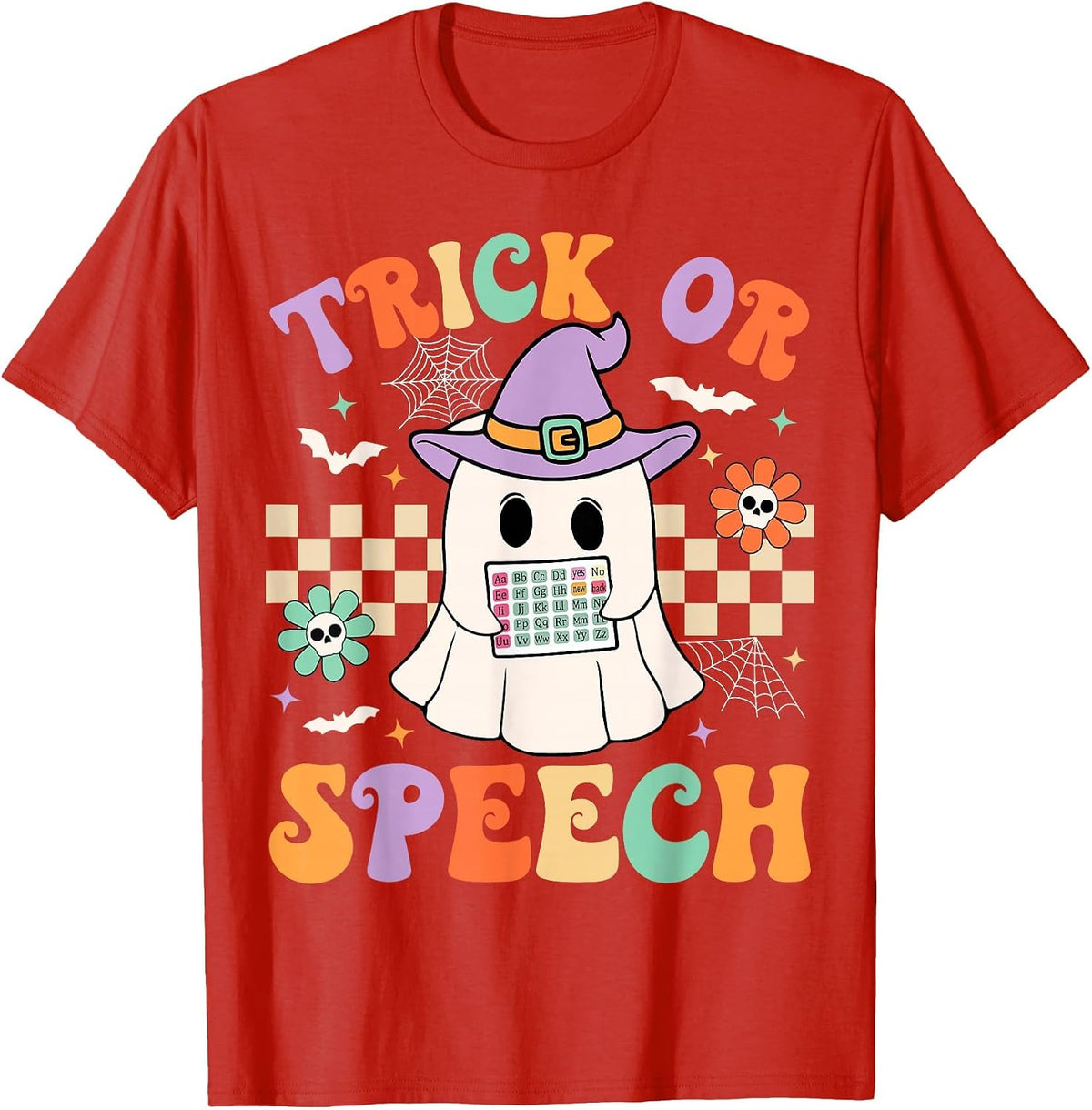 Trick or Speech Retro SLP Halloween Speech Therapy Halloween T-Shirt - Red