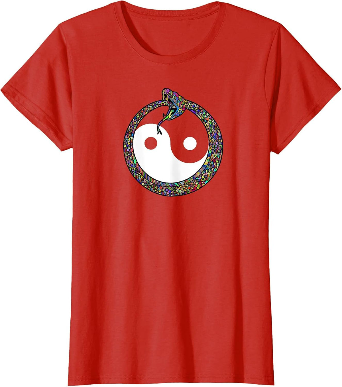 Ouroboros Yin Yang Rainbow Snake Feng Shui Ying Yang Taoism T-Shirt - Red