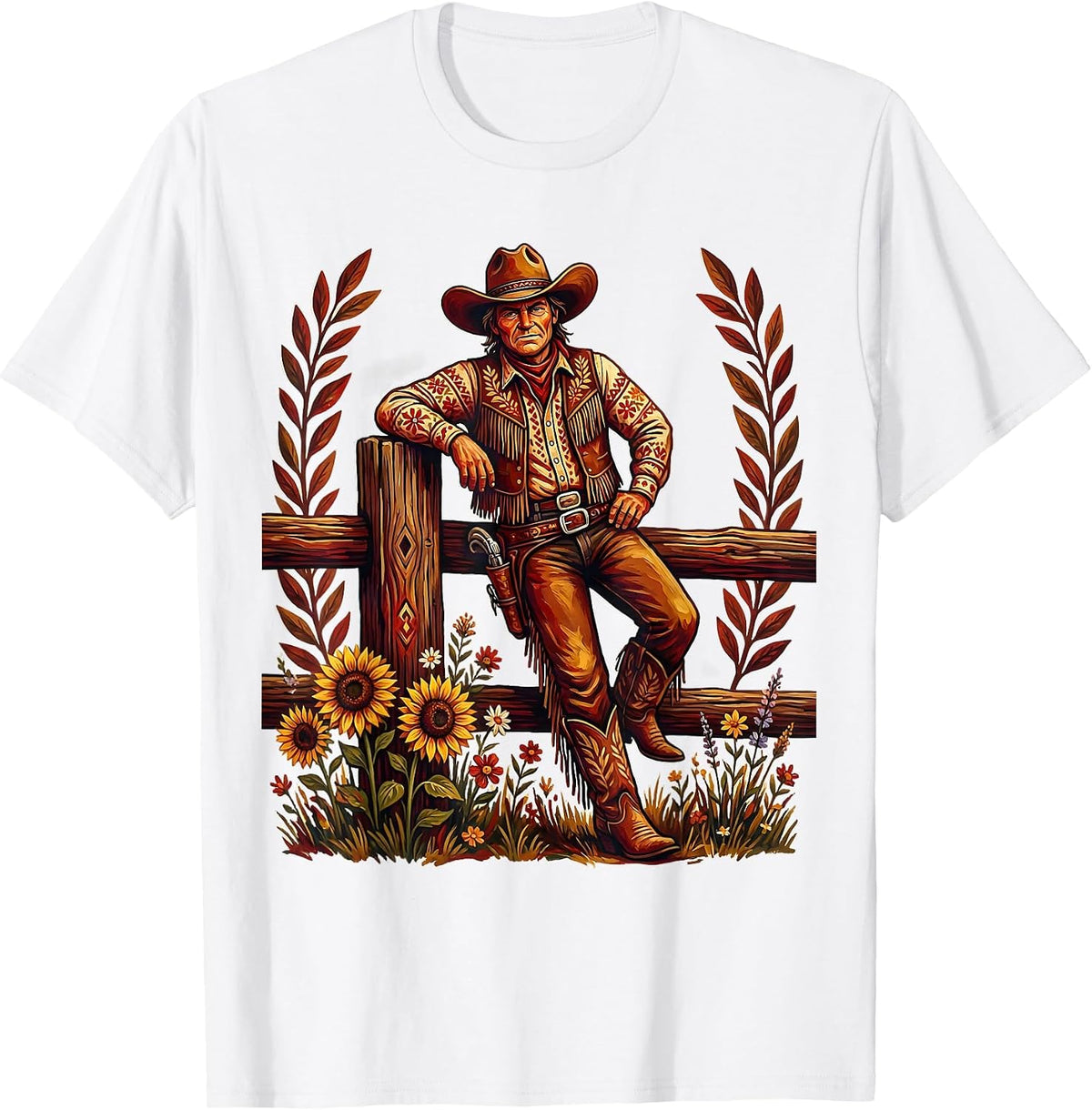 Men's Cowgirl Leaning on Fence Post Illustration T-Shirt - White