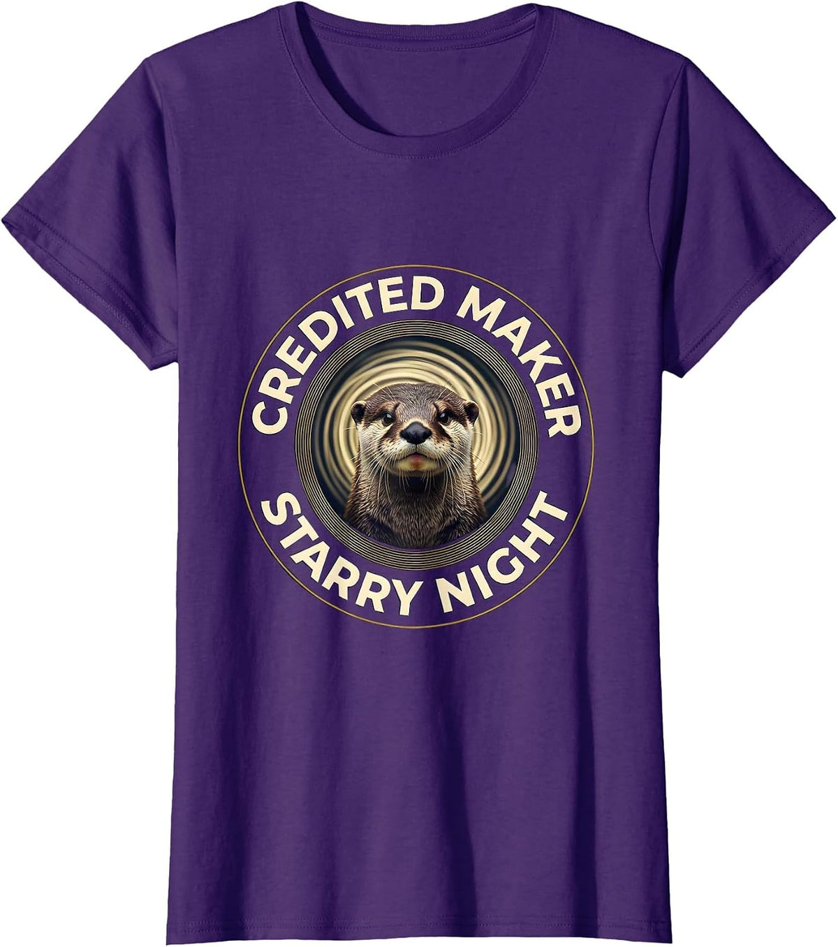 Women's Credited Maker Starry Night Whimsical Otter Art Lover Humor T-Shirt - Purple