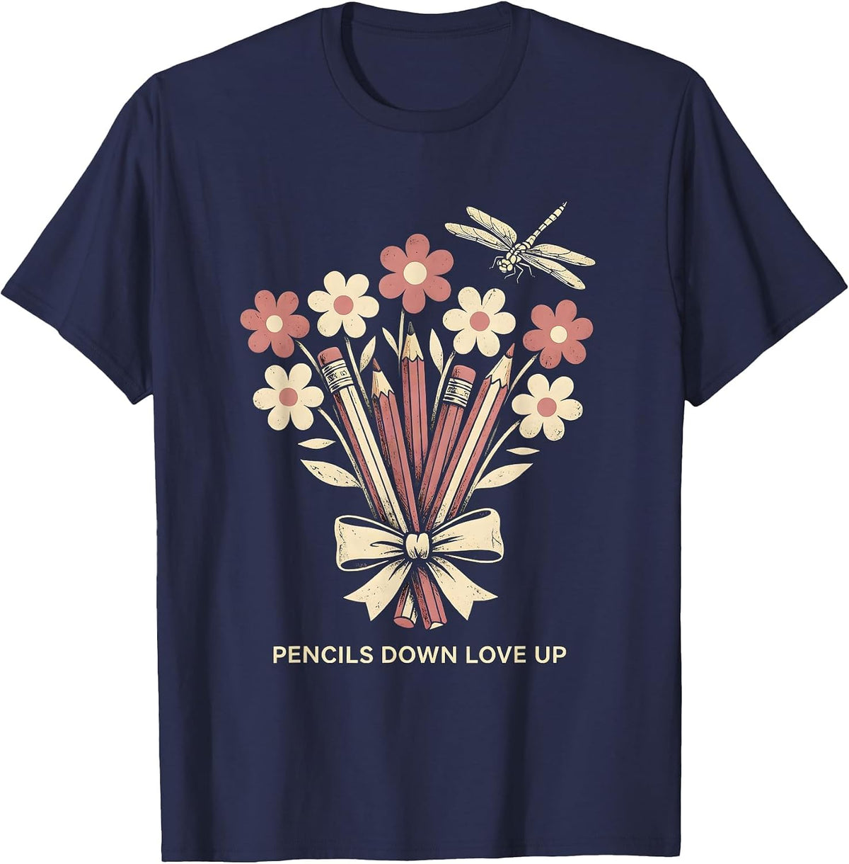 Pencils Down Love Up Elementary Teacher Design T-Shirt - Navy Blue