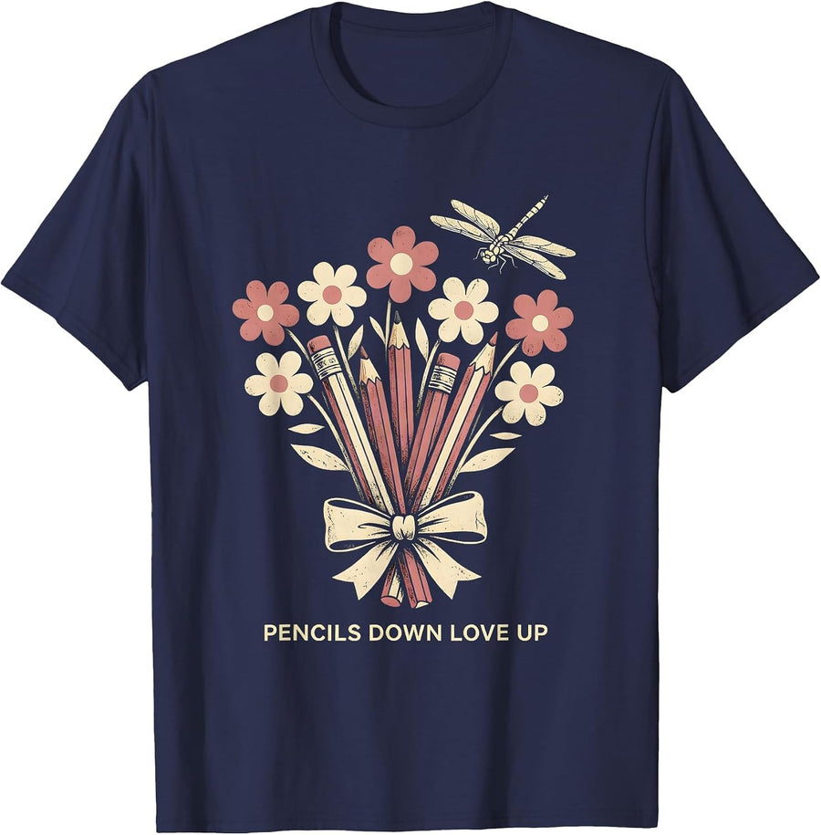 Pencils Down Love Up Elementary Teacher Design T-Shirt - Navy Blue