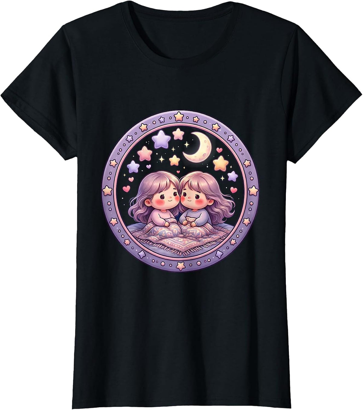 Lesbian Couple Stargazing Night Sky Illustration T-Shirt - Black