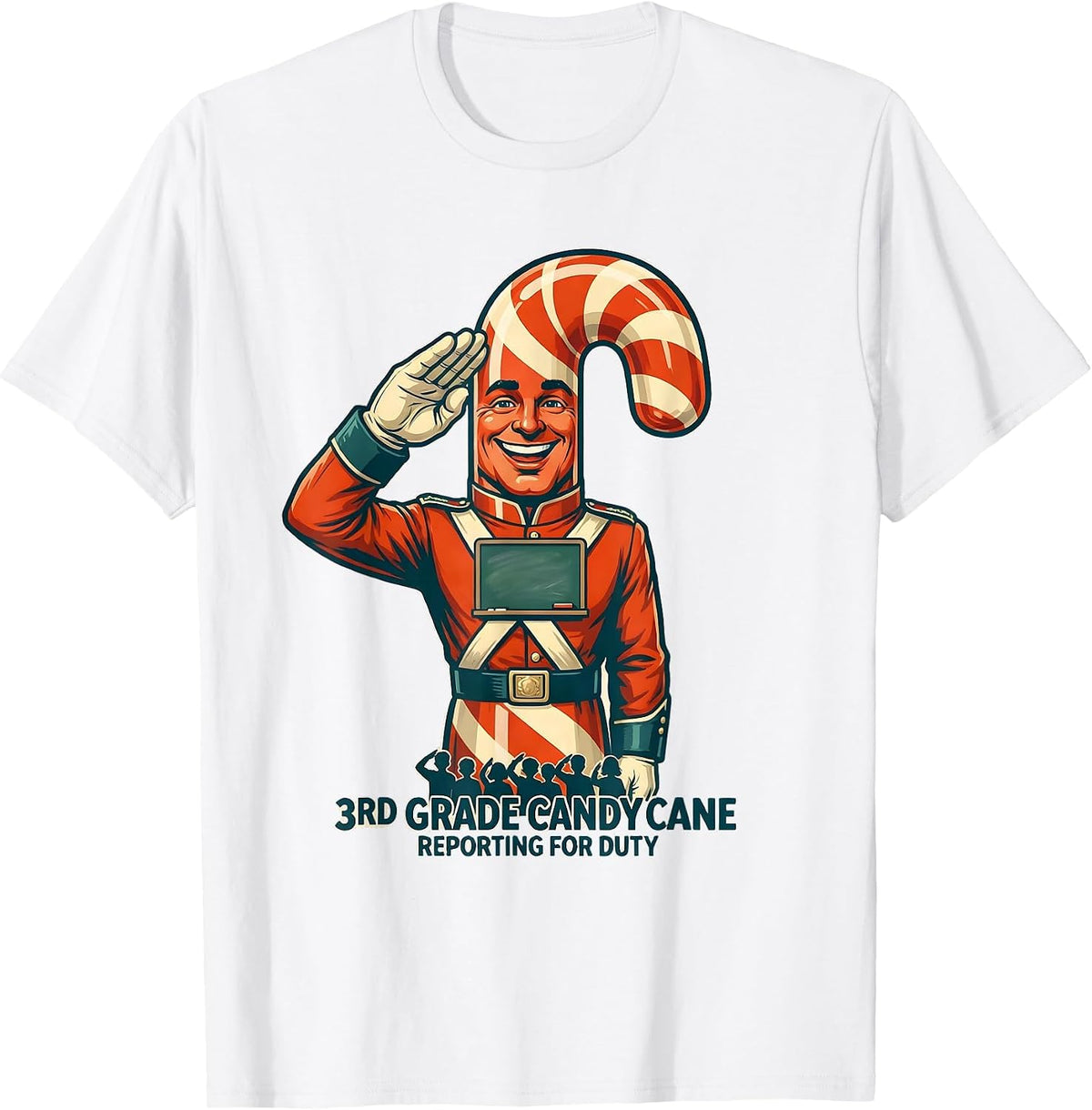 Men's 3rd Grade Candy Cane: Reporting For Duty Teacher T-Shirt - White