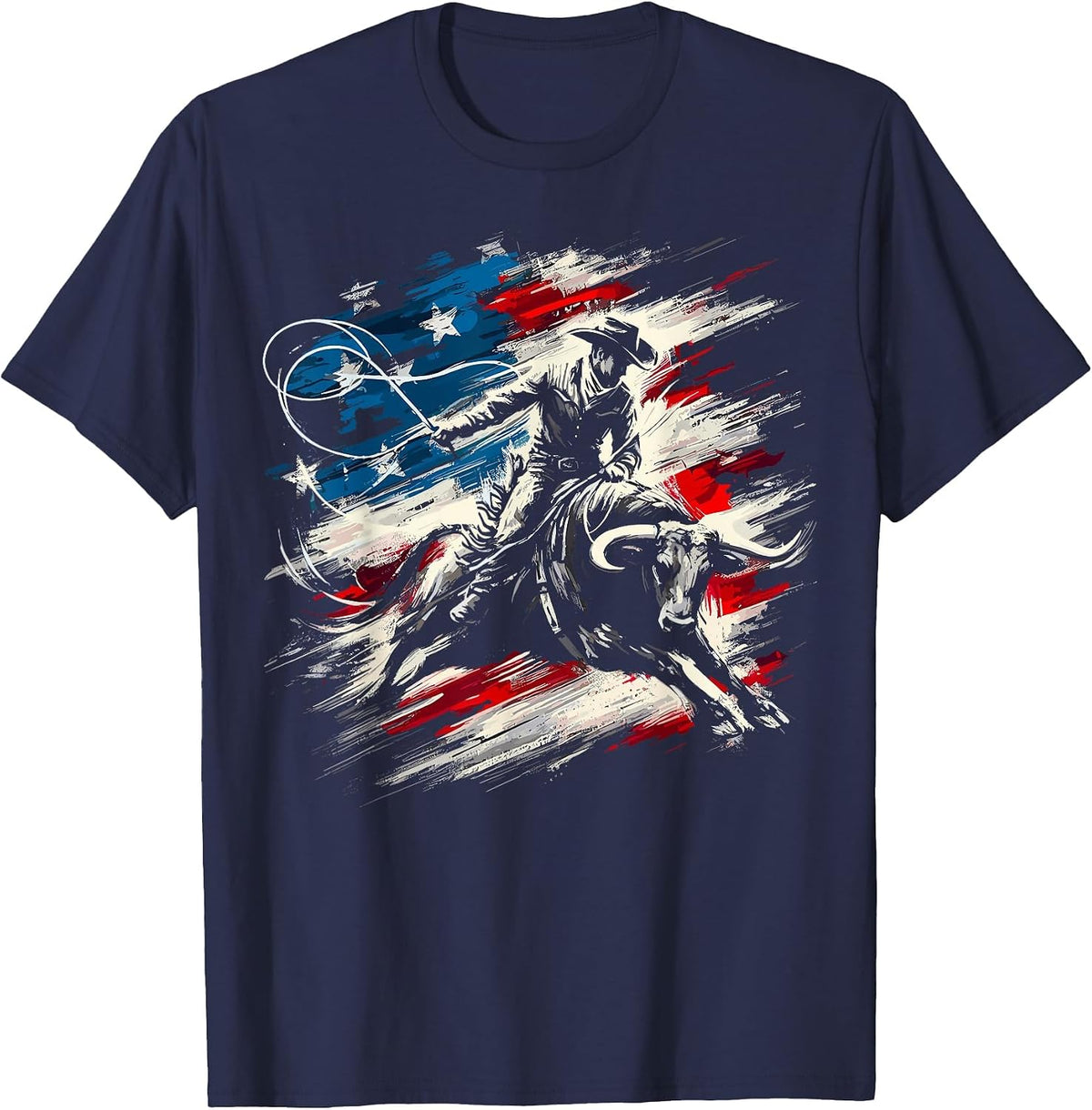 Rodeo Cowboy Bull Riding American Flag Western T-Shirt - Navy Blue