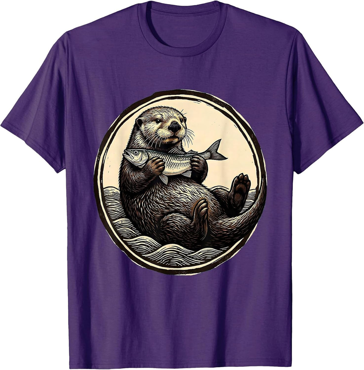 Men's Otter Floating on Back Holding Fish Illustration T-Shirt - Purple