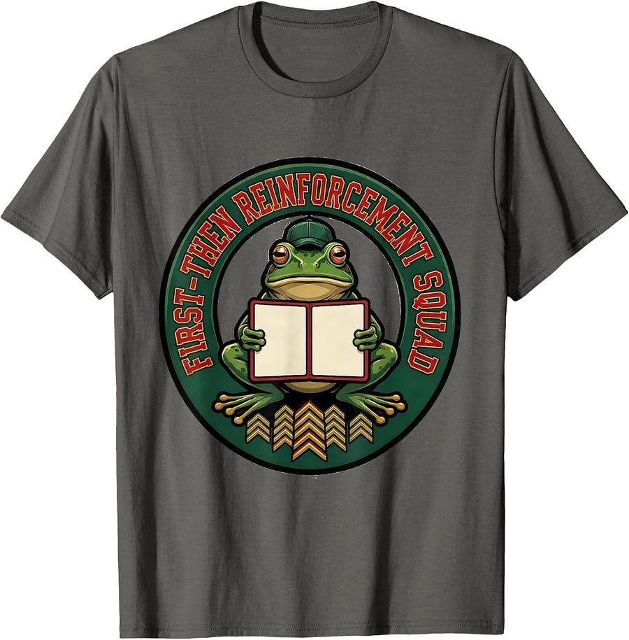 First-Then Reinforcement Squad Sports Frog Teacher Back T-Shirt - Asphalt Grey