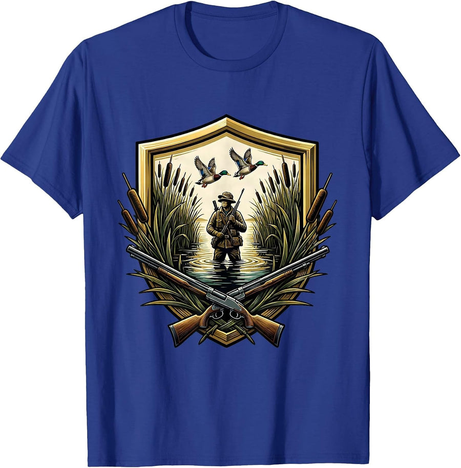 Duck Hunter Hidden in Tall Marsh Reeds Illustration T-Shirt - Royal Blue