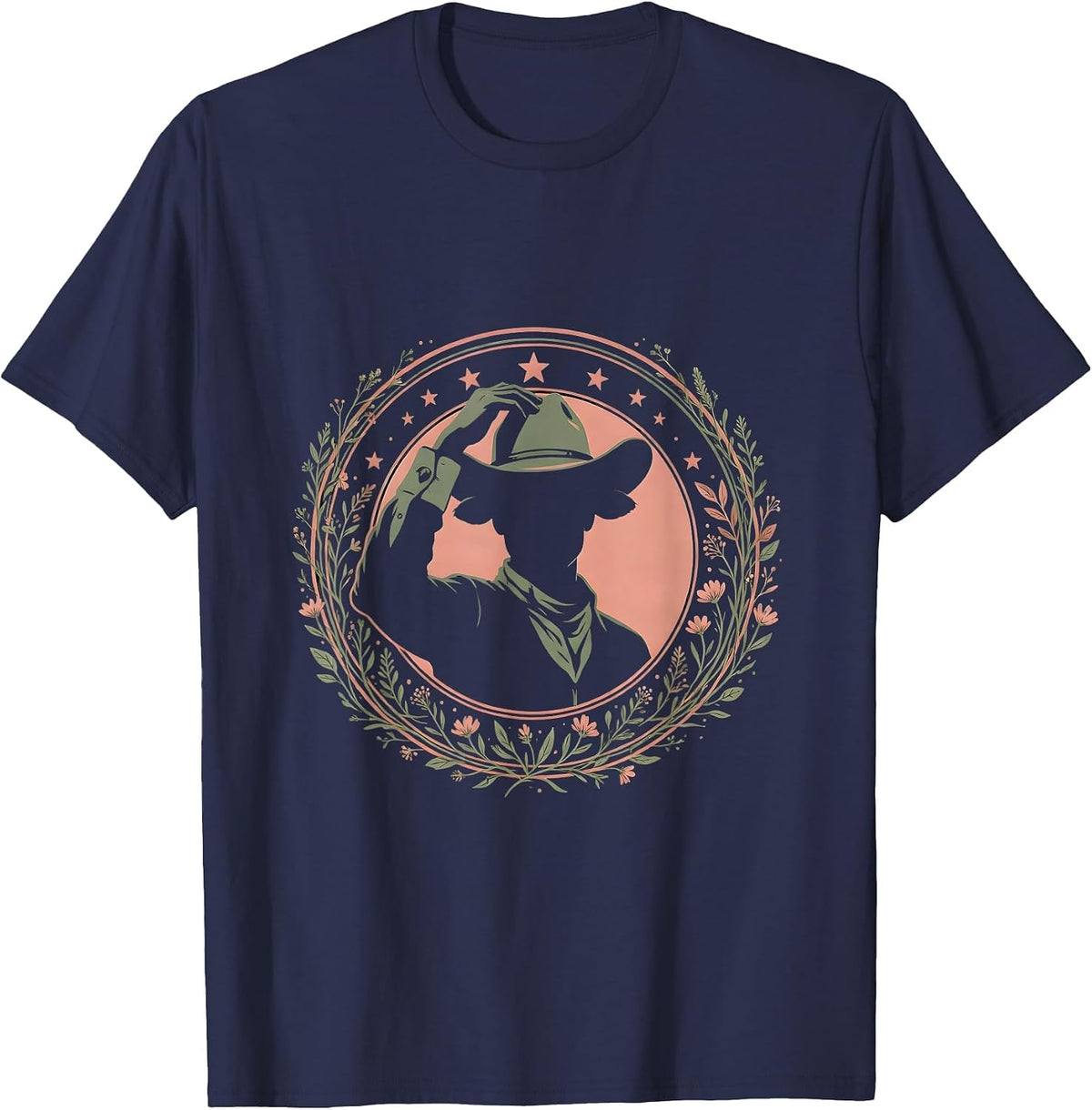 Cowgirl Tipping Hat Under Starry Night Sky T-Shirt - Navy Blue