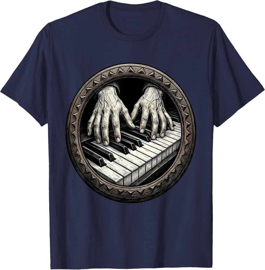 Pianist Hands Dissolving Into Piano Keys Art T-Shirt - Navy Blue