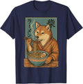 Shiba Inu Dog Eating Ramen Noodles Funny Vintage Japanese T-Shirt - Navy Blue