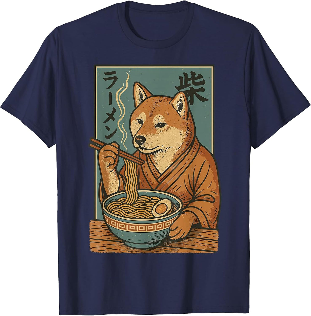 Shiba Inu Dog Eating Ramen Noodles Funny Vintage Japanese T-Shirt - Navy Blue